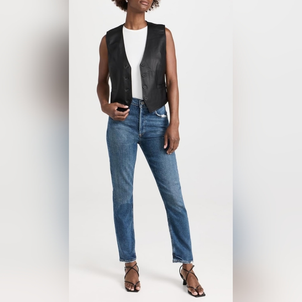 Agolde Aritzia Riley Long High Rise Jeans Size 23 Frayed Hem Button Up